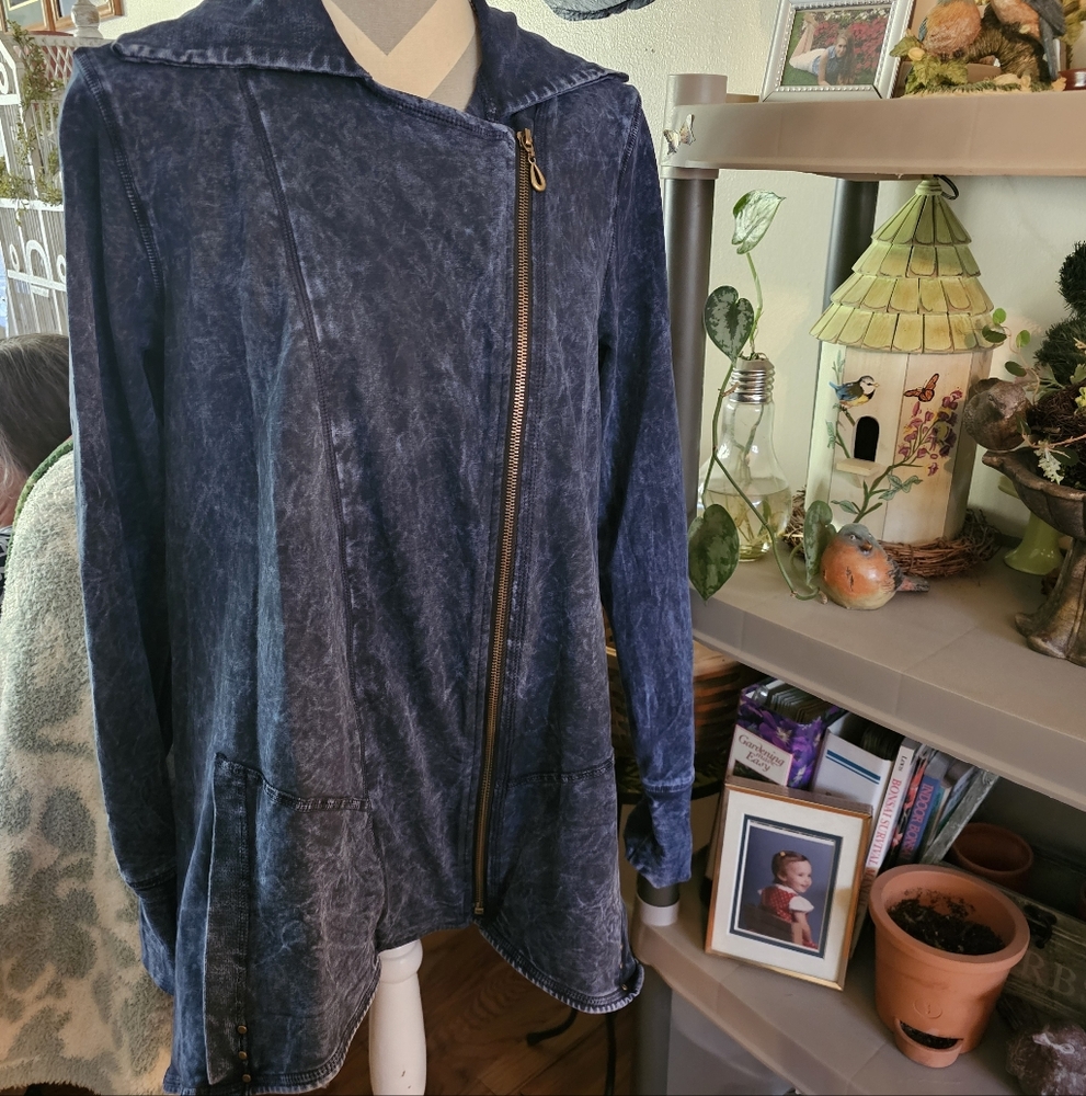 Boho Testimony Los Angeles Asymmetrical Zipper Blue Jacket Hip